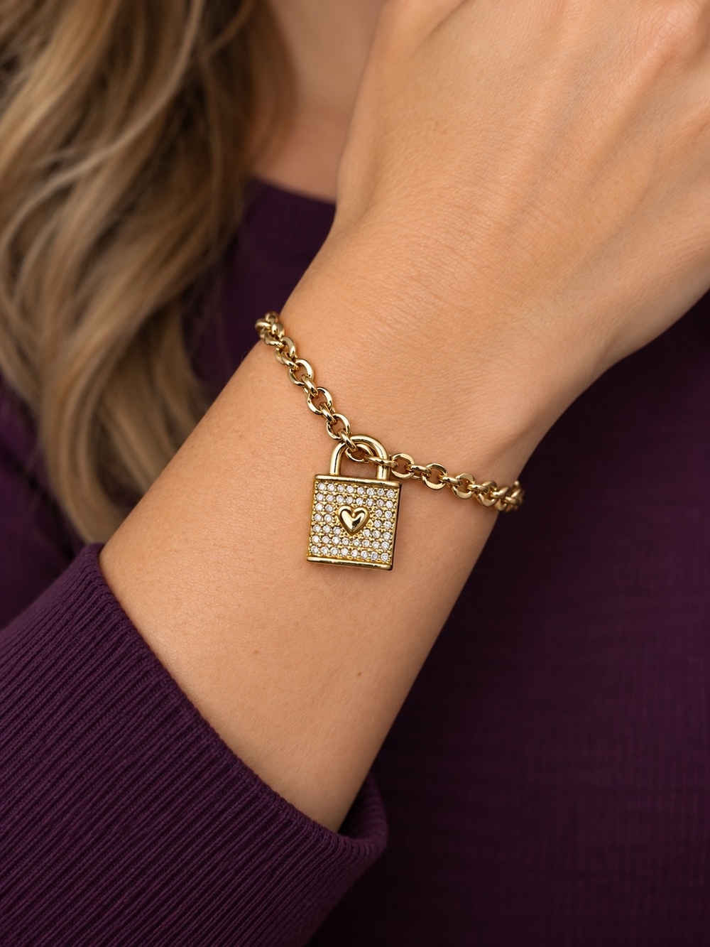 Gold Heart Padlock Charm Chain Bracelet - Stainless Steel, New without Tags